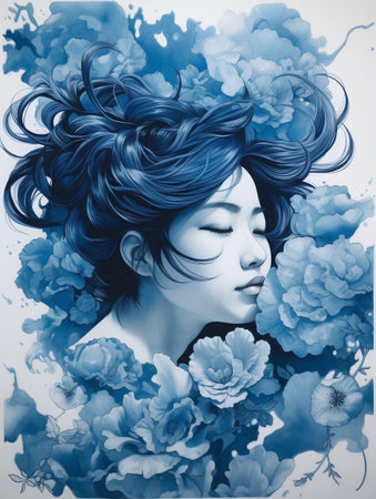Portrait of a beautiful young woman with blue flowers in her hairの素材