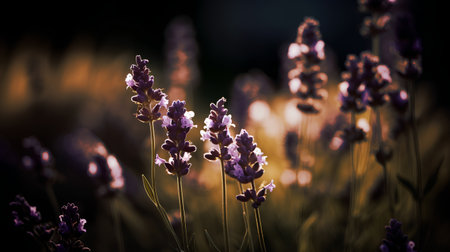 Lavender flowers at sunset in the field. Shallow depth of fieldの素材