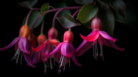 Beautiful pink fuchsia flowers on black background, close upの素材