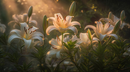 Beautiful lilies in the garden at sunset. Nature background.の素材