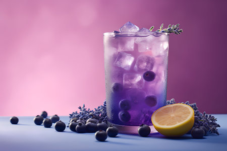 Cocktail with blueberries, lemon and lavender on purple backgroundの素材