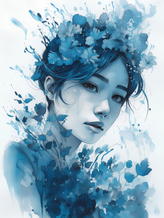 Beautiful young woman with blue flowers in her hair. Digital painting.の素材