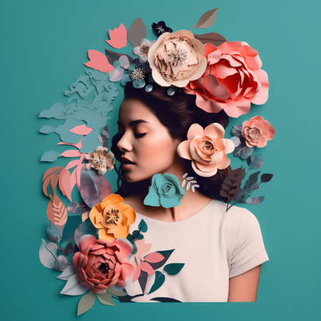 Beautiful young asian woman with floral wreath on her head. Creative collage.の素材