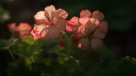 Geranium Pelargonium Flowers in the garden on a dark backgroundの素材