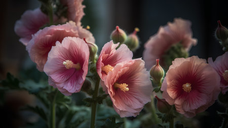 Pink hibiscus flowers in a garden on a dark backgroundの素材