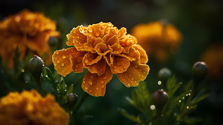Beautiful marigold flowers with dew drops in the gardenの素材