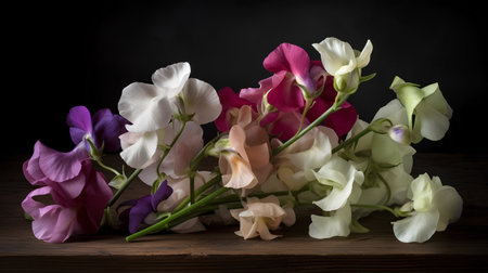 Bouquet of sweet pea flowers on a dark background.の素材