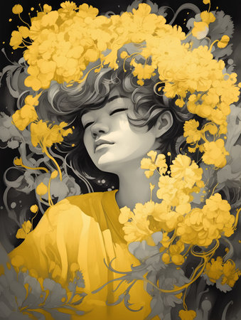 Girl with yellow flowers in her hair. Illustration for your designの素材