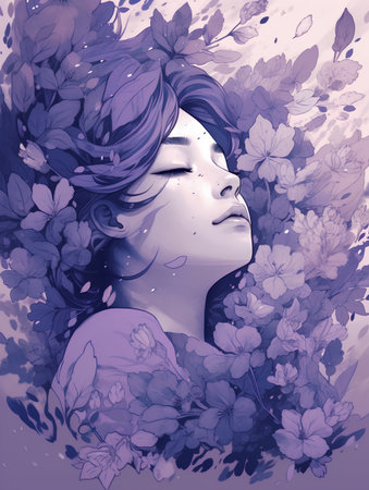 Beautiful girl surrounded by flowers. Digital painting. Vector illustration.の素材