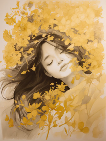 Beautiful young woman with long hair and yellow flowers in her hairの素材