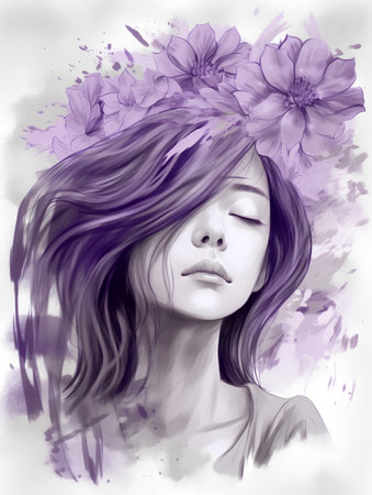 portrait of beautiful girl with flowers in her hair on grunge backgroundの素材