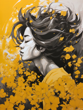 Beautiful woman with flowers in her hair. Hand-drawn illustration.の素材