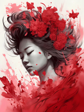 Beautiful young woman with red flowers in her hair. Fashion illustration.の素材