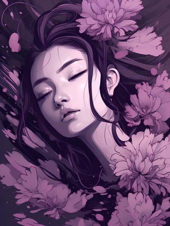 Vector illustration of a beautiful girl with peony flowers in her hair.の素材