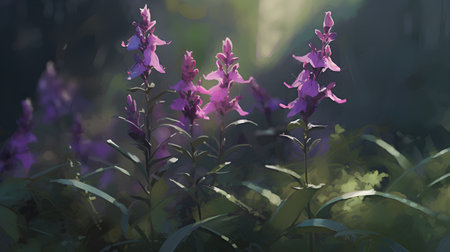 Purple flowers on a meadow in the morning sunlight. Illustrationの素材