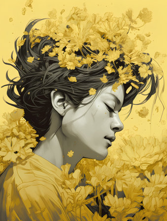 Beautiful young woman with yellow flowers in her hair. Vector illustration.の素材