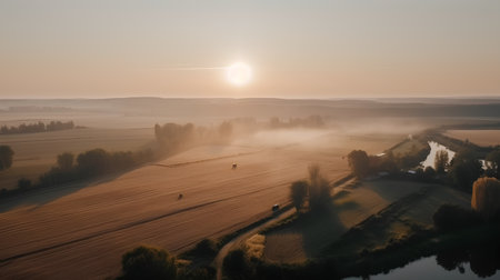 Aerial view of the sun rising over the fields in Poland.の素材