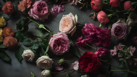 Beautiful bouquet of roses on a dark background. Flat lay.の素材