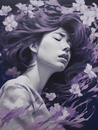 Beautiful young woman with cherry blossom flowers in her hair.の素材