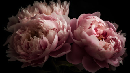 Beautiful peony flowers on a black background. Toned.の素材