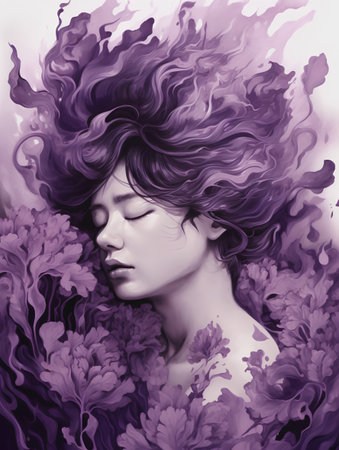 Beautiful girl with purple flowers in her hair. Fashion illustration.の素材