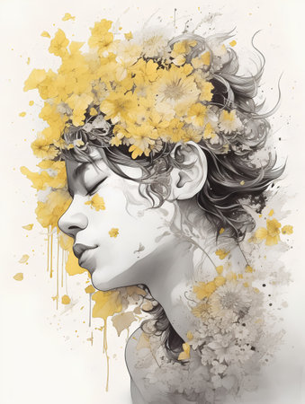 Illustration of a beautiful girl with yellow flowers in her hair.の素材
