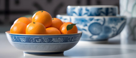 Oranges in a blue bowl and two cups on the table.の素材