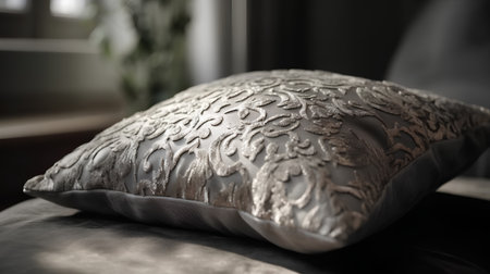 Close up of a soft pillow on a bed. Selective focus.の素材