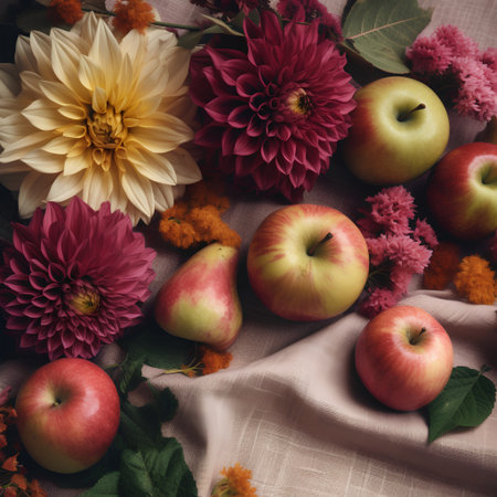 Autumn composition with dahlias, apples and flowers. Flat lay, top viewの素材