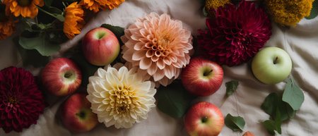 Autumn composition with dahlias, apples and flowers. Flat lay, top viewの素材