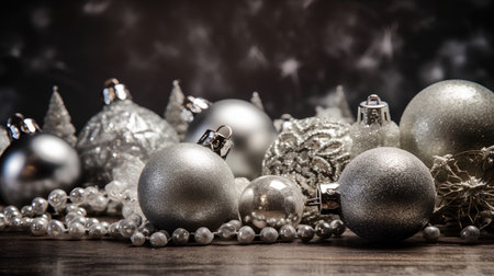 Silver and silver christmas baubles on wooden table with bokeh backgroundの素材