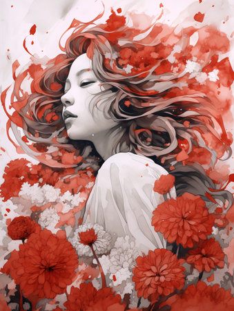 Beautiful girl with red flowers in her hair. Hand-drawn illustration.の素材