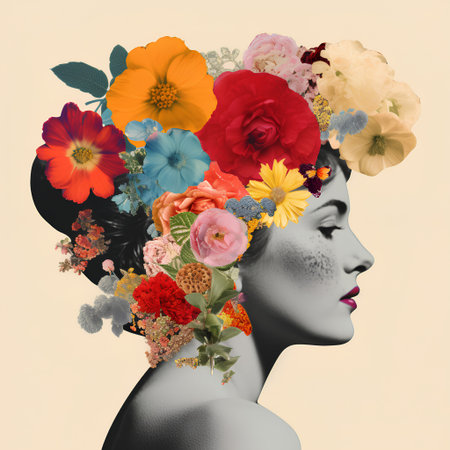 Portrait of a beautiful woman with flowers in her hair. Beauty, fashion.の素材