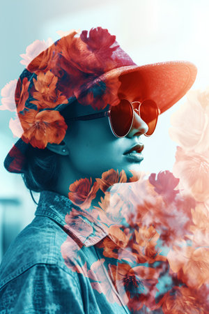 Portrait of a beautiful young woman in a hat and sunglasses on a background of flowersの素材