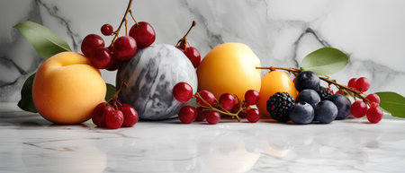 Easter eggs with fresh fruits and berries on white marble background.の素材