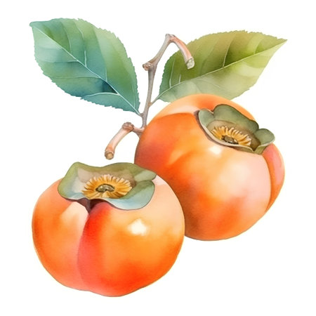 Watercolor persimmon isolated on white background. Hand drawn illustrationの素材