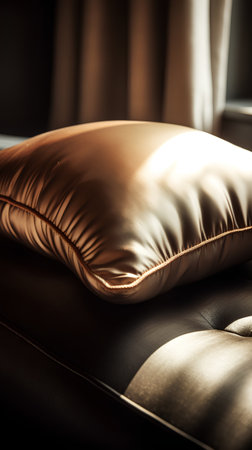 Close up of a brown leather pillow on a sofa in the living roomの素材