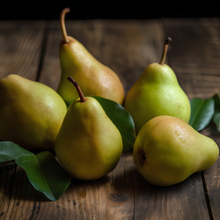 Ripe pears on rustic wooden table, selective focus.の素材