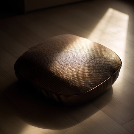 Close up of a black leather stool on a wooden floor illuminated by sunlightの素材