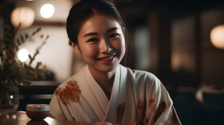 Beautiful asian woman sitting in a cafe and smiling while enjoying coffeeの素材