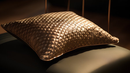 Close-up of golden pillow on a leather chair in the roomの素材