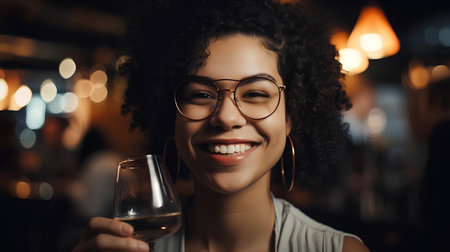 Cheerful african american woman in eyeglasses holding glass of wineの素材