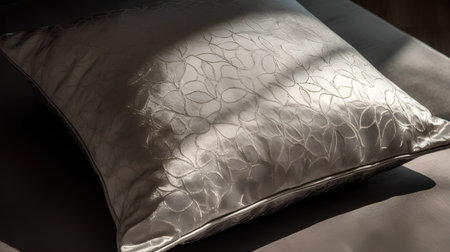 Black and white pillows on the bed in the morning sunlight.の素材