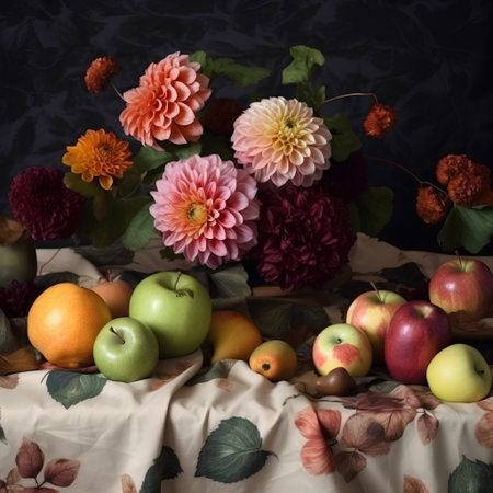 Still life with apples and dahlias on a dark background.の素材