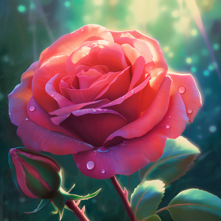 Red rose with dew drops on the petals. Nature background.の素材