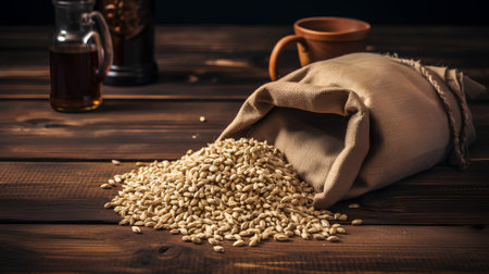Wheat grains in a burlap bag on a wooden table.の素材