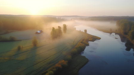 Aerial view of foggy morning on the river in summer.の素材