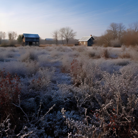 Winter landscape with a small wooden house on the field. Frosty morningの素材