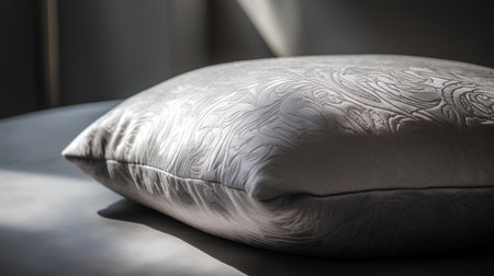 Close up of a soft pillow on a black sofa in a roomの素材