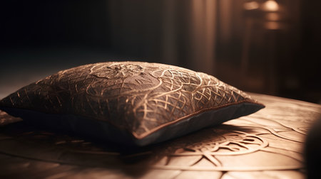 Close up of a brown pillow on a dark background. Shallow depth of fieldの素材